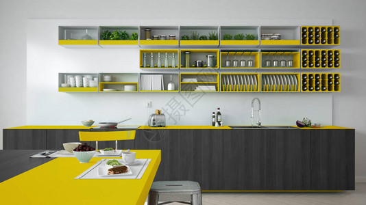 带木制和黄色细节素食早餐最起码室内设计面的图片