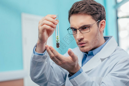 男生物学家在化学实验室中与药瓶图片