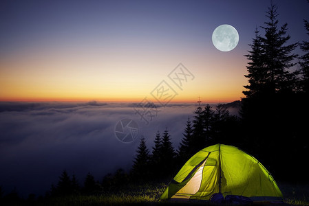 满月之夜在森林中露营雾山露营图片