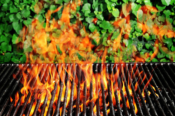 常春藤背景上的木炭火烤架的股票图像与活火焰图片