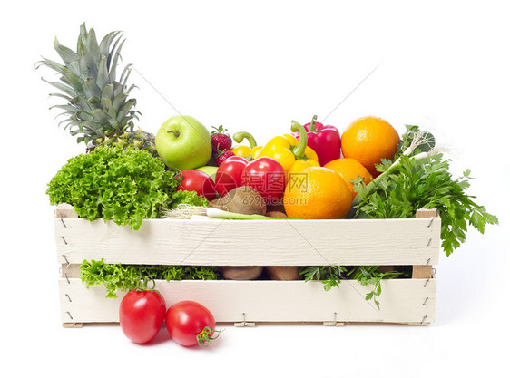 用白色隔开的木箱里的水果和蔬菜图片