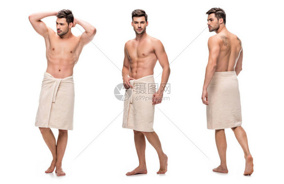 英俊年轻人的拼贴用毛巾包裹着下半身图片