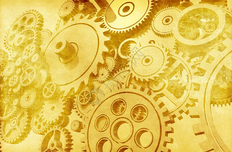古代机械师倒滴老科格轮和Gears机械背景设计金色Sepia彩色图片