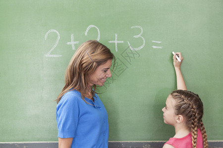 用黑板做数学练习的女孩图片