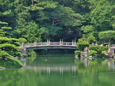 日本香川县高松市栗林花园的一座木桥栗林庭园是日本最著名的图片