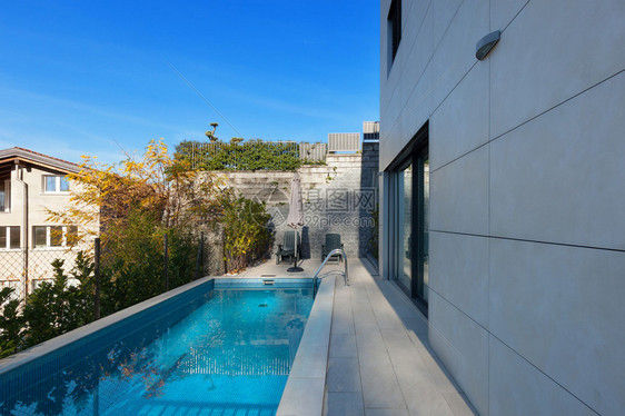 现代住宅的外部游泳池图片