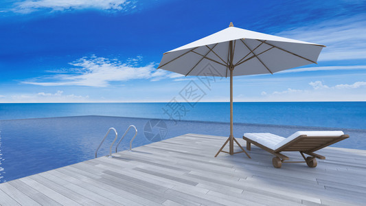 3D在木质露台海景无限游泳池上拍摄白床图片