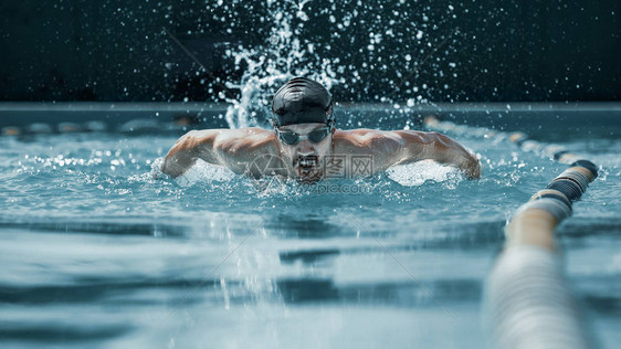 充满活力和健康的游泳者戴着帽呼吸在游泳池进行蝶泳年轻人Fitsport图片