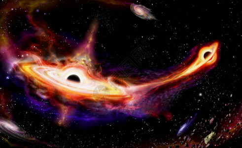 两个Quassars星系与深空中黑洞相交的中间点艺术图片