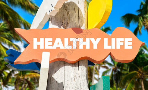 背景为棕榈树的健康生活路标图片