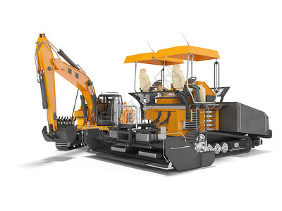 橙色沥青撒布机和爬行挖土车3D在白色背图片