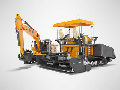 橙色沥青撒布机和爬行挖土车3D在灰色背背景图片