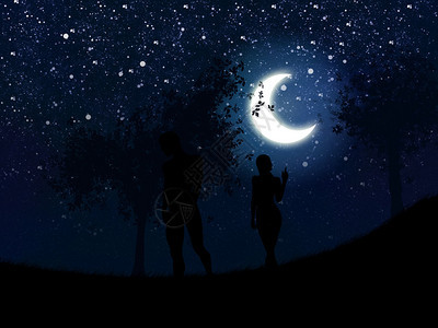恋爱中的情侣走在新月的夜晚图片