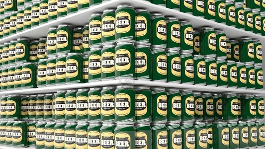 超市货架上啤酒罐特写的3D渲染图片