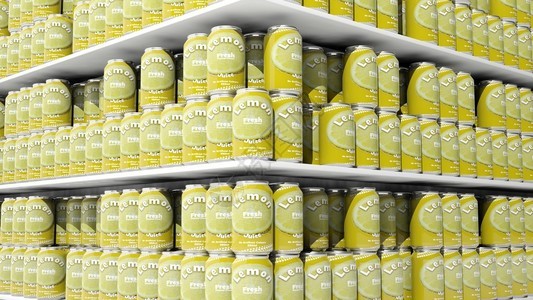 用柠檬饮料罐在超市货架上进行特写的3D渲染图片