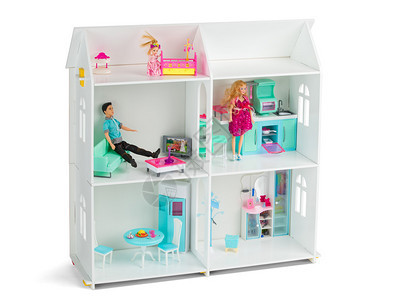 玩具白色木制娃屋有洋娃和家具白色图片