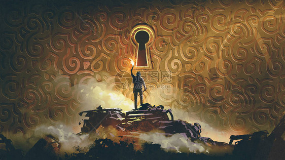 冒险者拿着手电筒站着看着黄铜墙上一个大钥匙孔数字艺术风图片