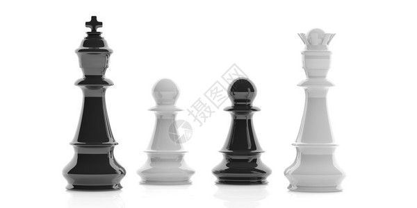 3d渲染黑白棋王后和棋子在白色背景上图片