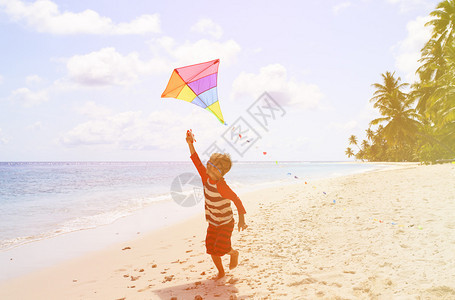 小男孩在热带海滩上放风筝孩子图片