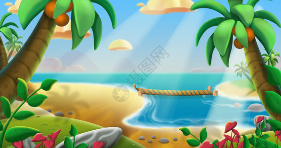 椰子树滩视频游戏的数字CG艺术概念说明现实化木画风格背景Na图片