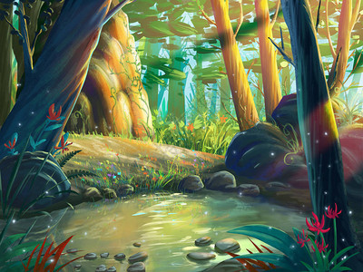 梦幻写实未来主义风格的滨江奇幻森林视频游戏的数字CG艺术品概念插图逼真的卡通图片