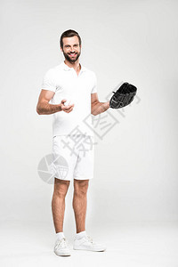 带着棒球手套和球的胡子棒球运动员在图片