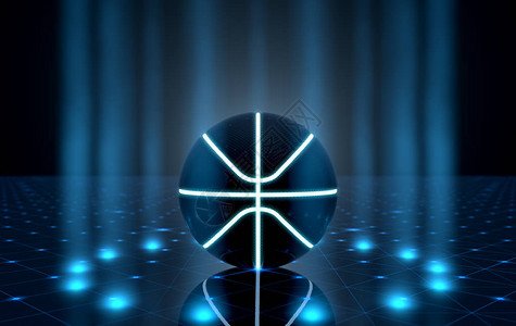 未来主义聚光灯舞台上用霓虹灯标记点亮篮球的未来主义运动概念图片
