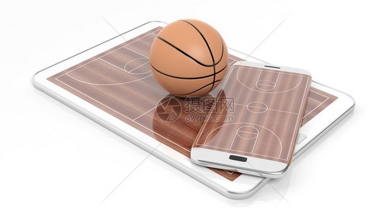 在智能手机边缘和平板显示器上有球的篮球场图片