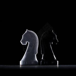 白人和黑人象棋骑士的圆背影以黑色背景图片