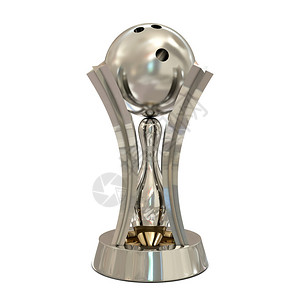 银保龄球奖杯与针和球隔离在白色背景图片