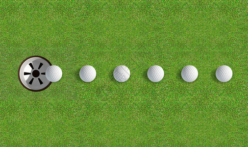 一个完全修甲的高尔夫球使绿色显示一个球在向日间破洞前进的路上运动在图片