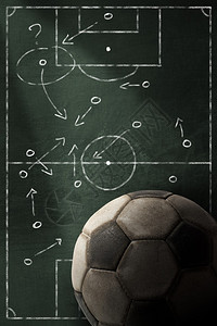 在一块绿色黑板上的旧足球与足球场和战术计划足图片