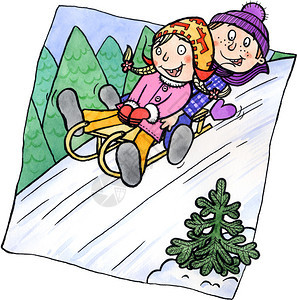 男孩女在雪橇上玩得开心水图片