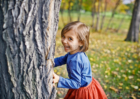 躲在秋天公园树后面的可爱小女孩图片