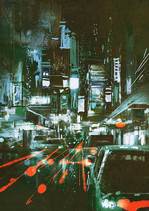 夜间城市街道上的汽车尾灯绘画图片
