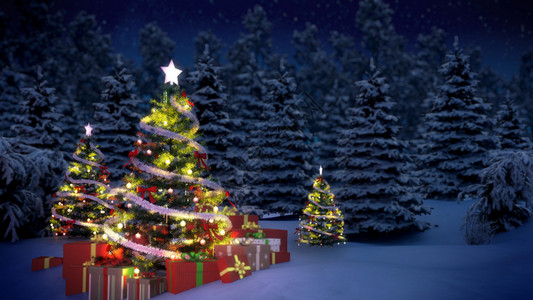 圣诞树和雪中的礼品图片