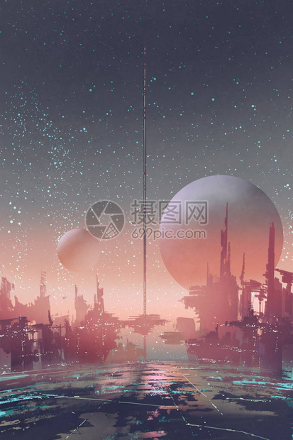 在外星行上有未来建筑的SCIFi城市空中观图片