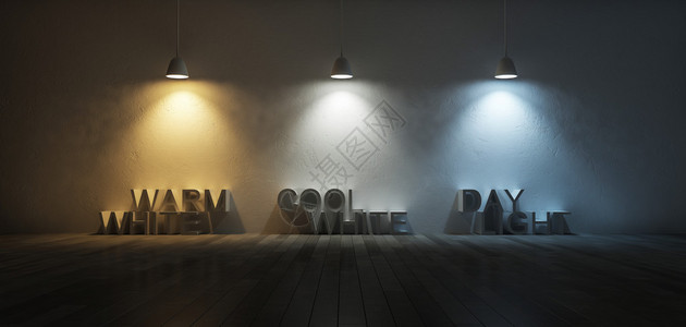 3个使用不同灯泡的吊灯的3D渲染图像色温标度冷白暖白日光开裂的混凝土墙和木地板上的图片