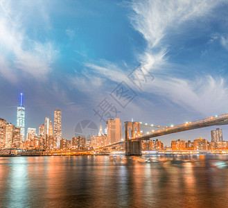 日落时的曼哈顿灯光河流的倒影图片