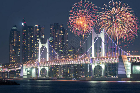 在韩国釜山以釜山市为背景的广安大桥上的新年烟花表演图片