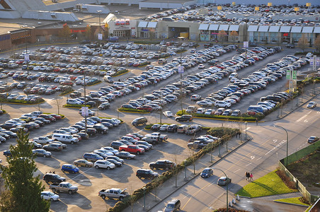 购物中心汽车拥挤停车场的空中景象图片