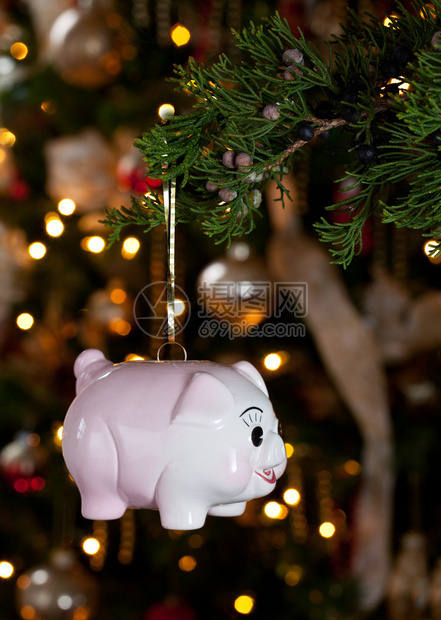 挂在圣诞树枝上的粉色存钱罐图片
