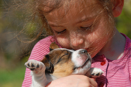 小女孩和她的幼小狗小杰图片