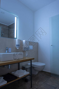 酒店浴室内配有水槽马桶镜子和毛巾图片