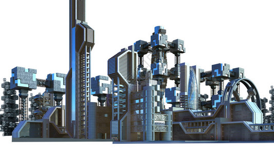 具有摩天大楼和现代玻璃结构的未来城市建筑的3D插图图片