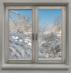 冬季风景从房子从窗户到雪图片