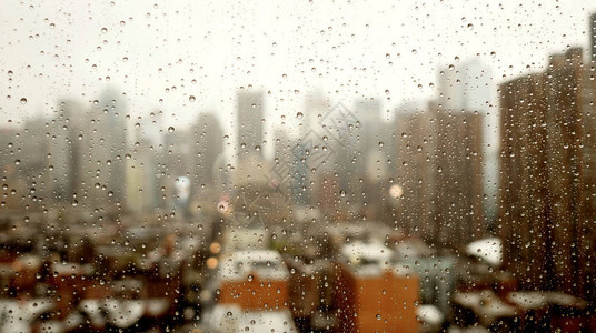雨滴在窗户上背景模糊的城市背景图片