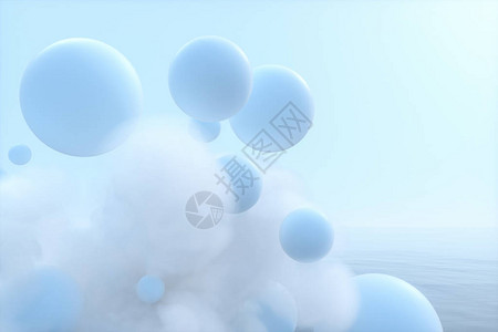 在湖边漂浮的球和云和平的景象3D造影图片