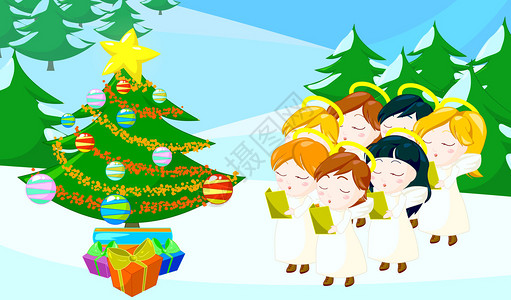 孩子们在圣诞树下唱图片
