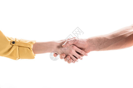 男人和女人握手被白色隔离的剪影图片